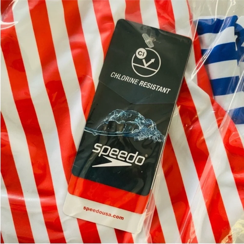 Speedo Girl’s Swimsuit One Piece Blue and Red Stripes Size 14 NWT UPF 50+